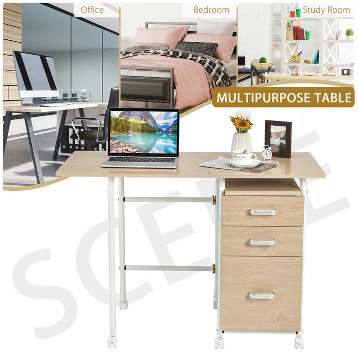 Folding Computer Laptop Desk Wheeled Home Office Furniture With 3 Drawers Image 5