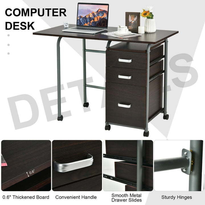 Folding Computer Laptop Desk Wheeled Home Office Furniture w/3 Drawers Brown Image 9