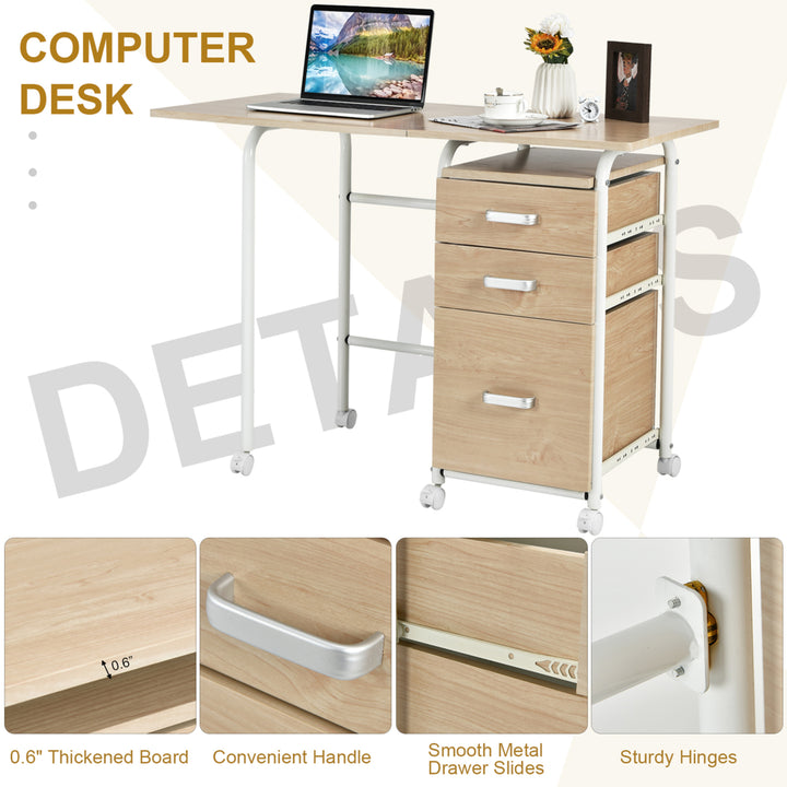 Folding Computer Laptop Desk Wheeled Home Office Furniture With 3 Drawers Image 9