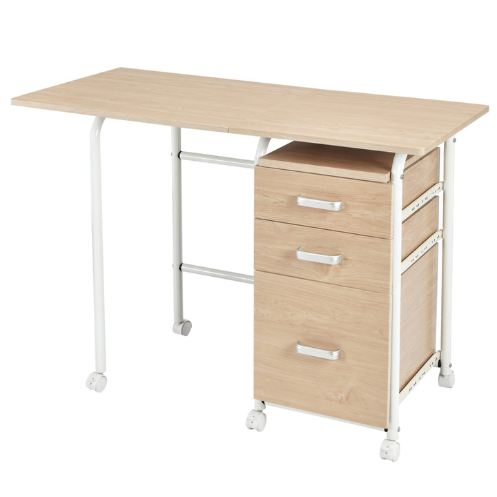 Folding Computer Laptop Desk Wheeled Home Office Furniture With 3 Drawers Image 10