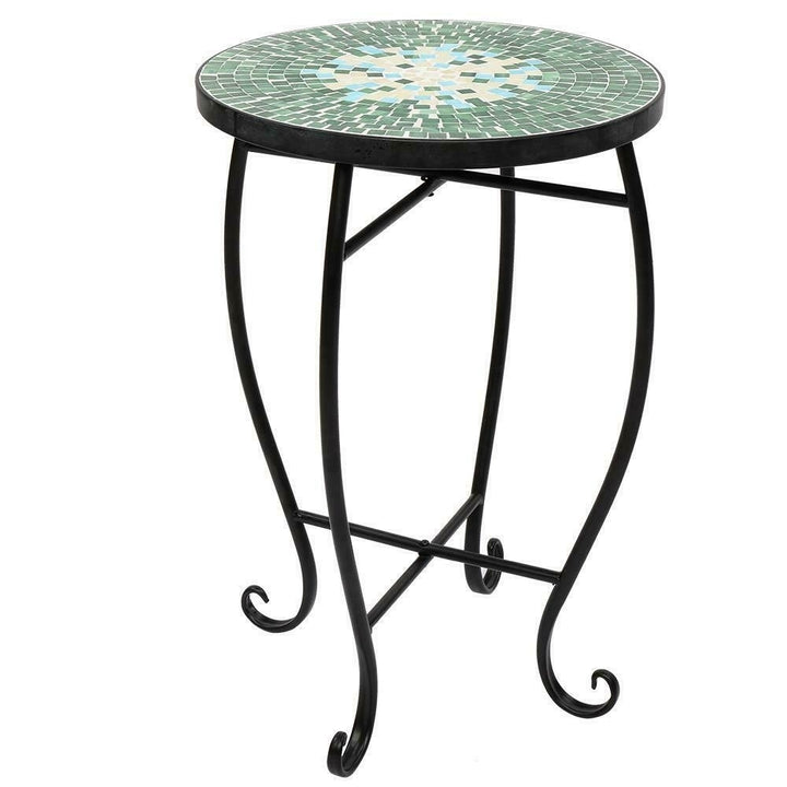 Round Iron Indoor and Outdoor Side Table Mosaic Plant Stand Round End Table with 14" Ceramic Tile Top Image 1