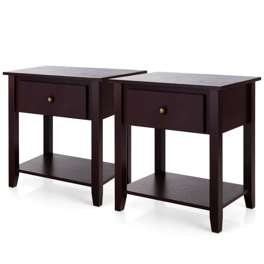 2PCS Nightstand Sofa End Side Table W/ Storage Drawer Bottom Shelf Espresso Image 1