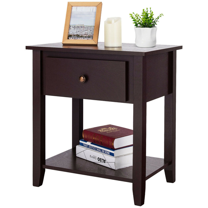 2PCS Nightstand Sofa End Side Table W/ Storage Drawer Bottom Shelf Espresso Image 7