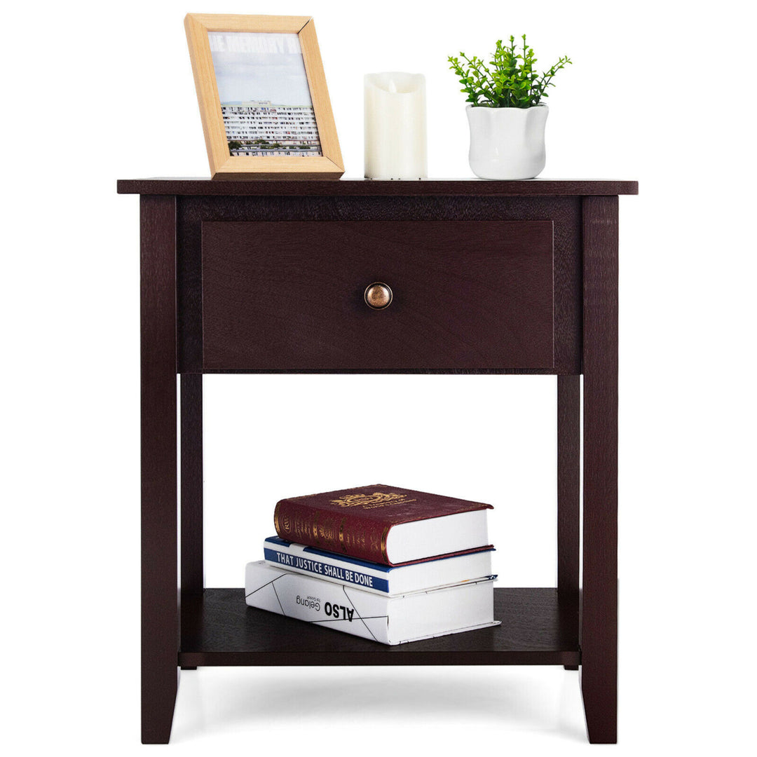 2PCS Nightstand Sofa End Side Table W/ Storage Drawer Bottom Shelf Espresso Image 8