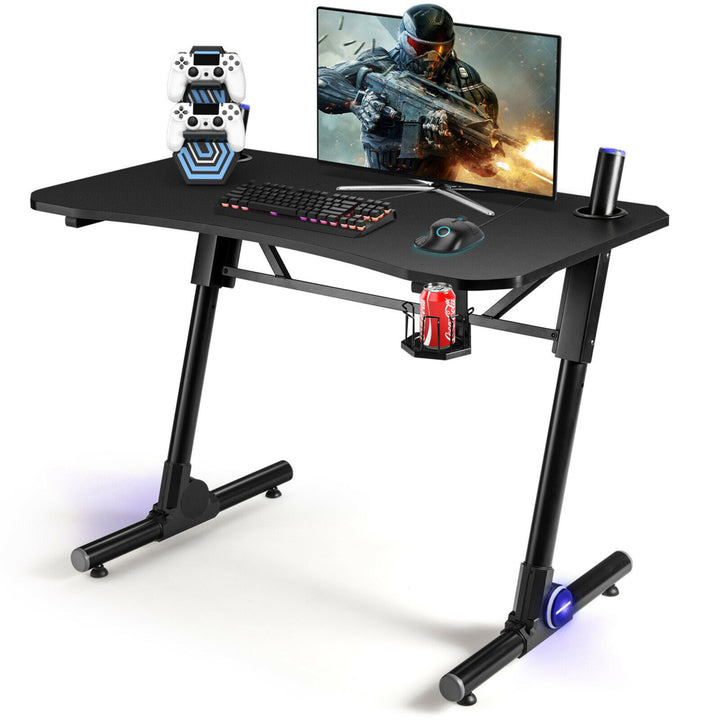 Gaming Computer Desk Height Adjustable w/ LED Light and Gaming Handle Rack Image 1