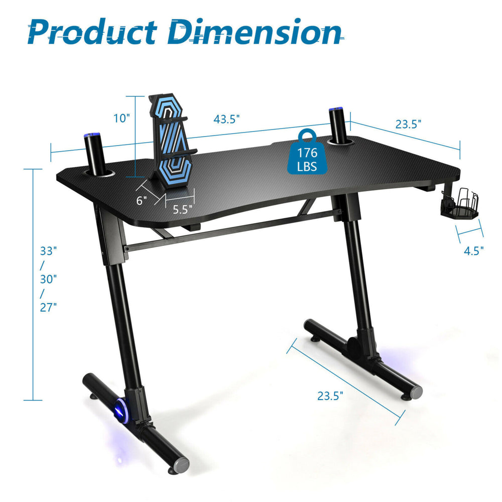 Gaming Computer Desk Height Adjustable w/ LED Light and Gaming Handle Rack Image 2