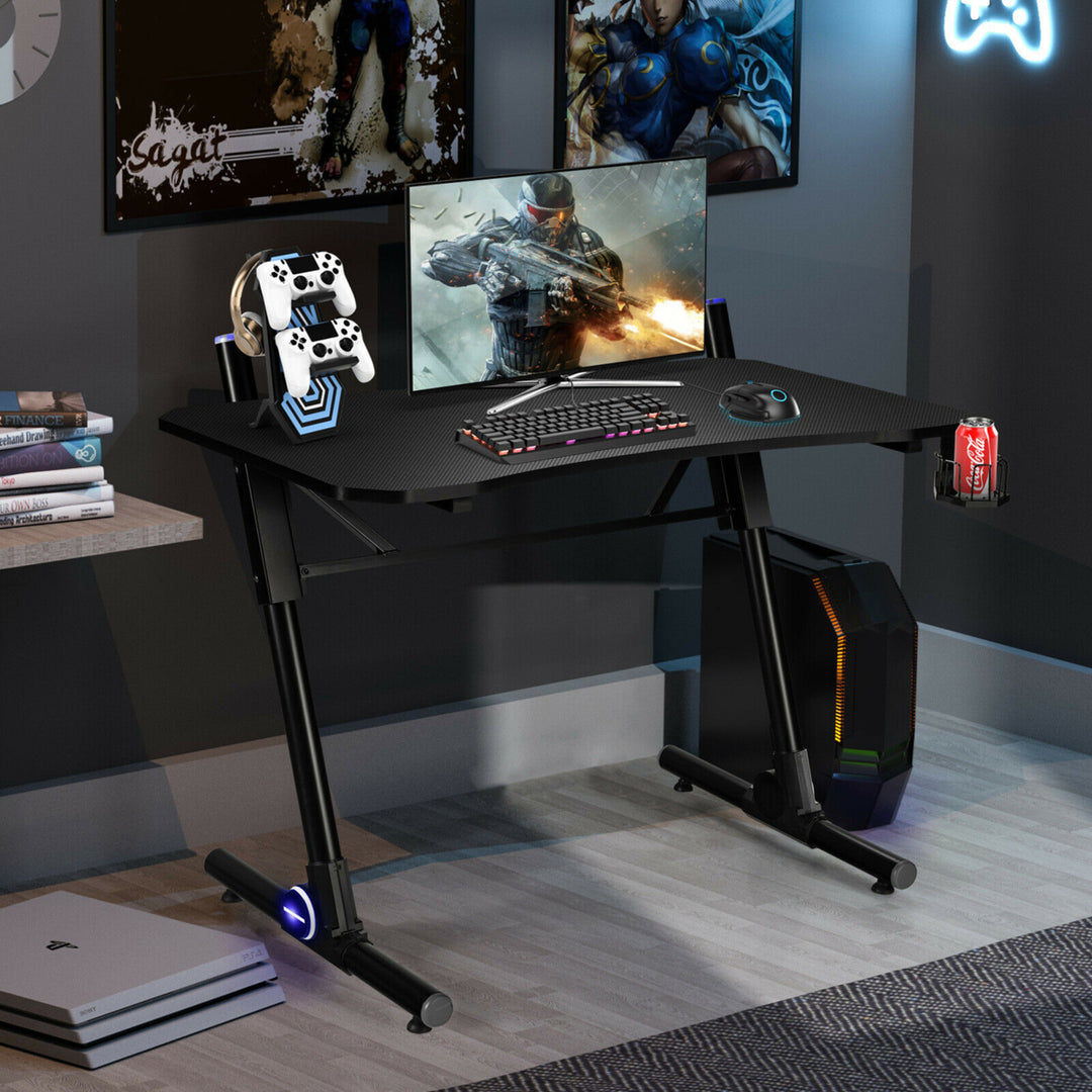 Gaming Computer Desk Height Adjustable w/ LED Light and Gaming Handle Rack Image 3