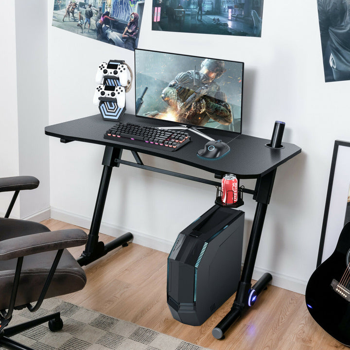 Gaming Computer Desk Height Adjustable w/ LED Light and Gaming Handle Rack Image 4