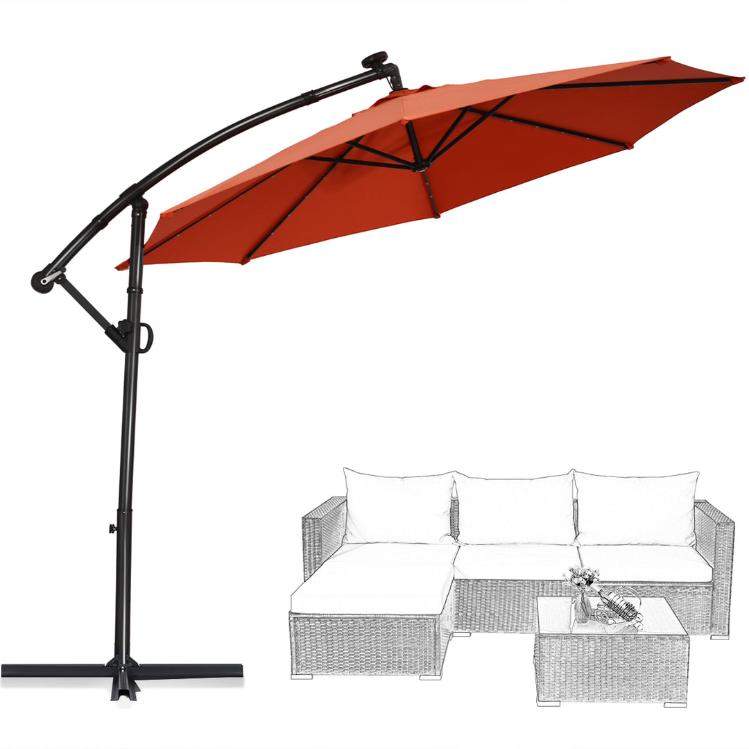 10FT Patio Offset Umbrella Solar LED 360degrees Rotation Orange Image 10