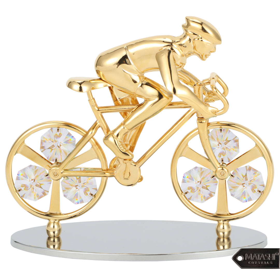 Matashi 24K Gold Plated Cyclist on a Bicycle Figurine w/ Crystals, Tabletop Cyclist Ornament Gift for Sports Fan Desk Image 1