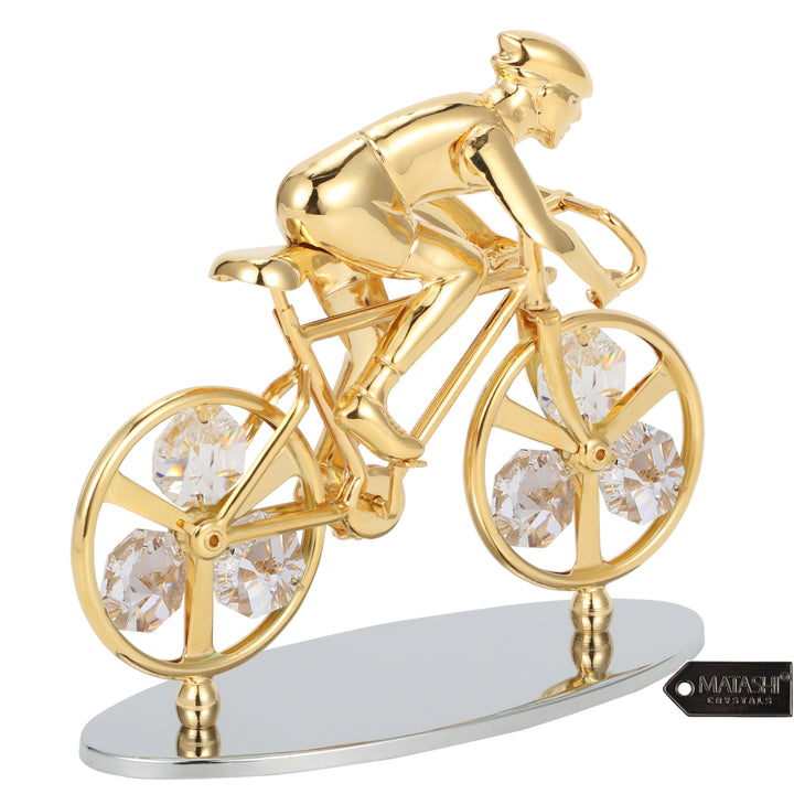 Matashi 24K Gold Plated Cyclist on a Bicycle Figurine w/ Crystals, Tabletop Cyclist Ornament Gift for Sports Fan Desk Image 4