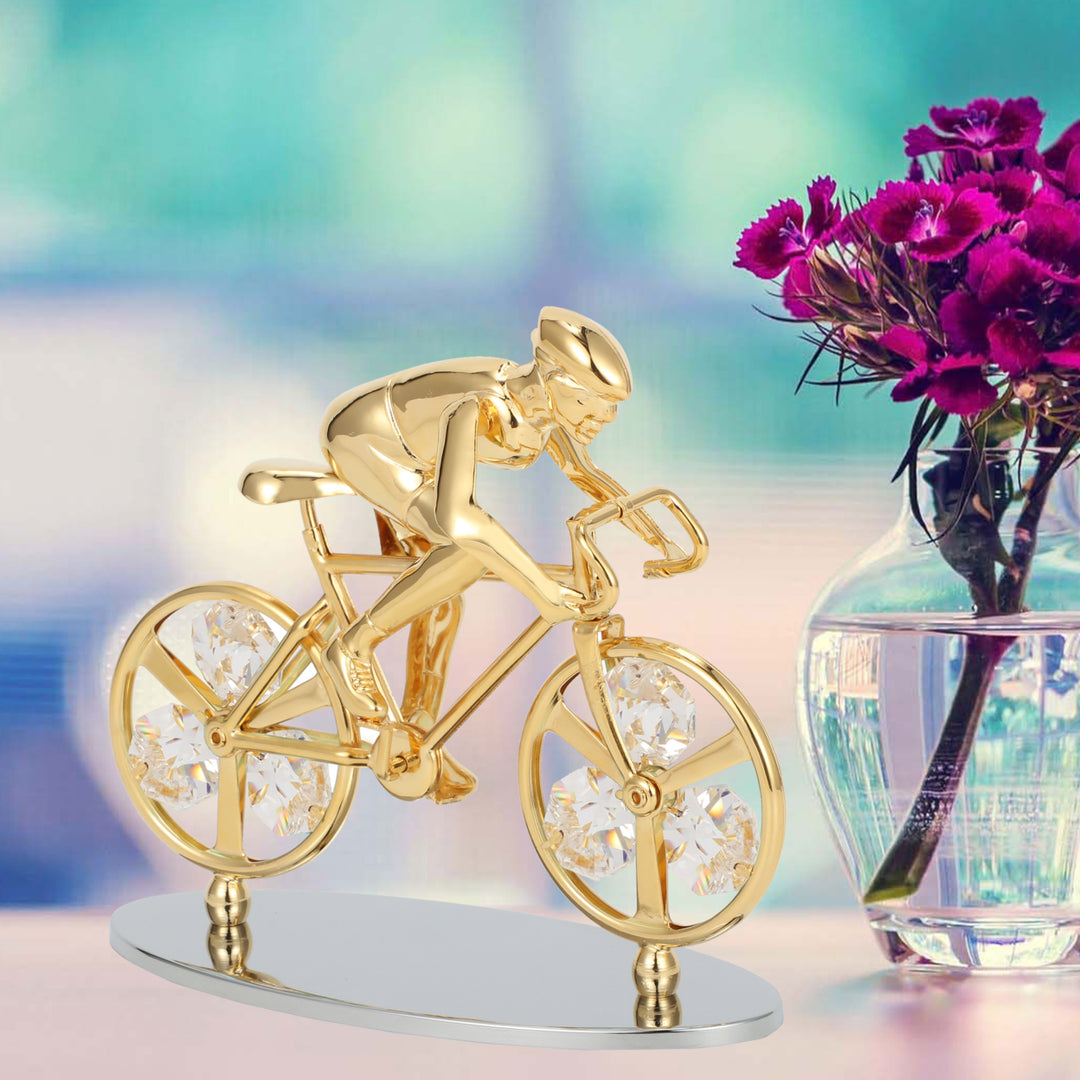 Matashi 24K Gold Plated Cyclist on a Bicycle Figurine w/ Crystals, Tabletop Cyclist Ornament Gift for Sports Fan Desk Image 5