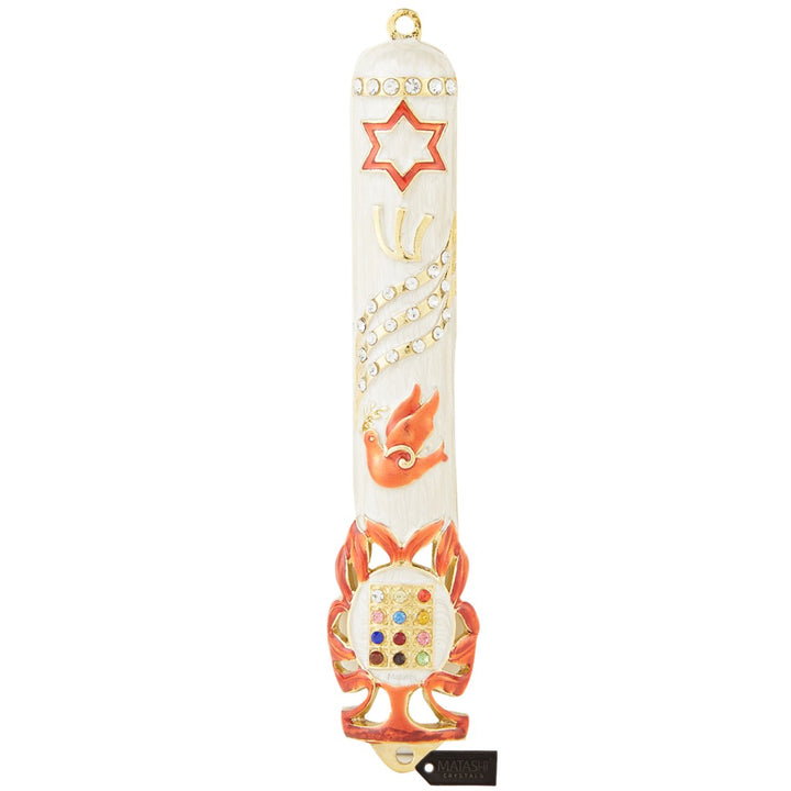 Matashi Hand Painted Dove Mezuzah w Gold Accents and Star of David w Crystals Home Door Housewarming Present House Image 1