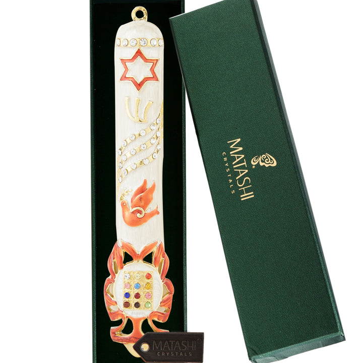 Matashi Hand Painted Dove Mezuzah w Gold Accents and Star of David w Crystals Home Door Housewarming Present House Image 2