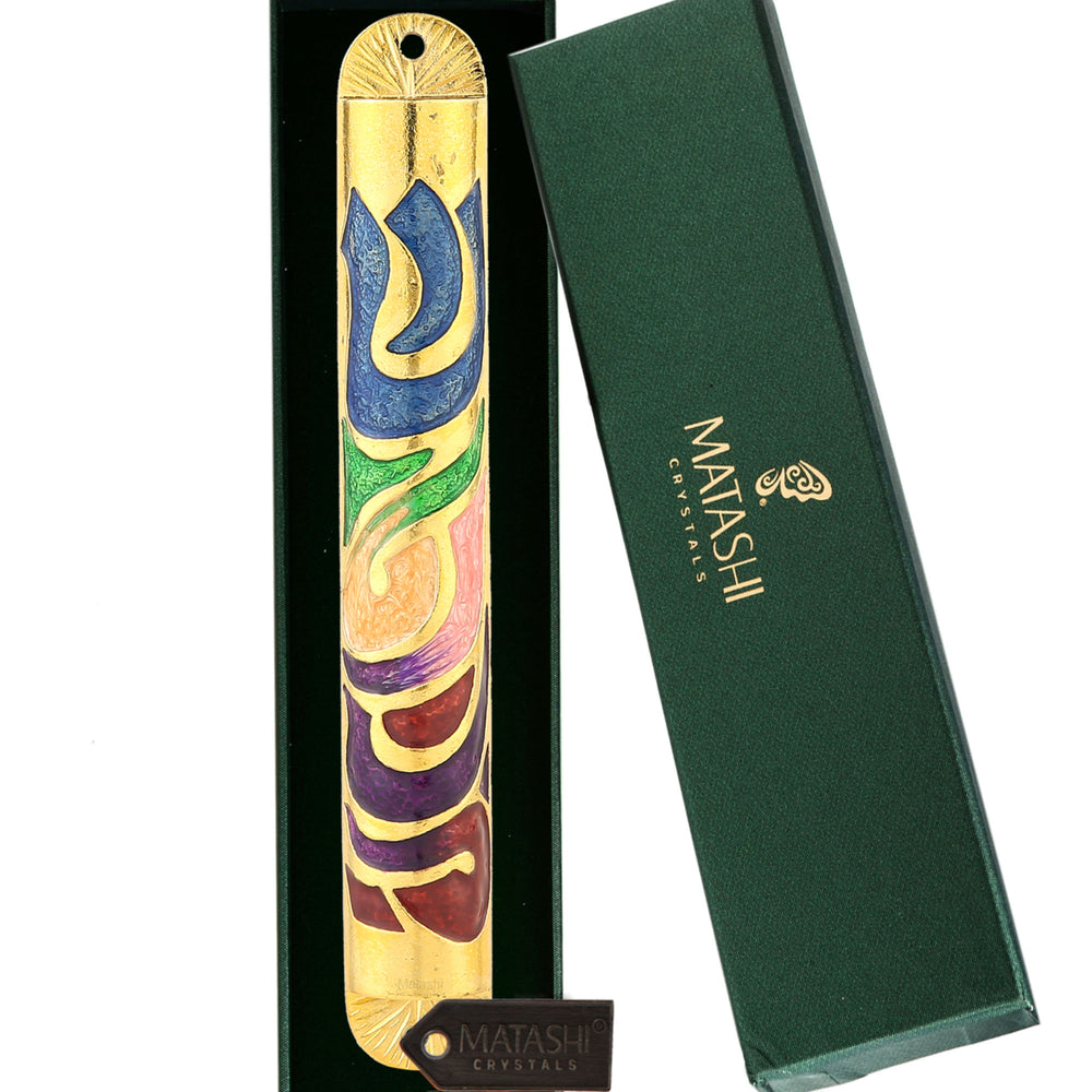 Matashi Gold Hand Painted Enamel Mezuzah w Hebrew Shin Home Door Decor for Jewish Holiday Housewarming House Blessing Image 2