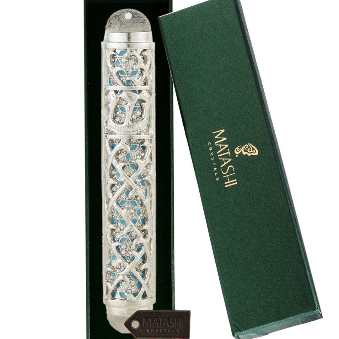 Matashi Hand Painted Enamel Mezuzah w Hebrew Shin and Crystals for Jewish Holiday Housewarming House Blessing Gift for Image 2