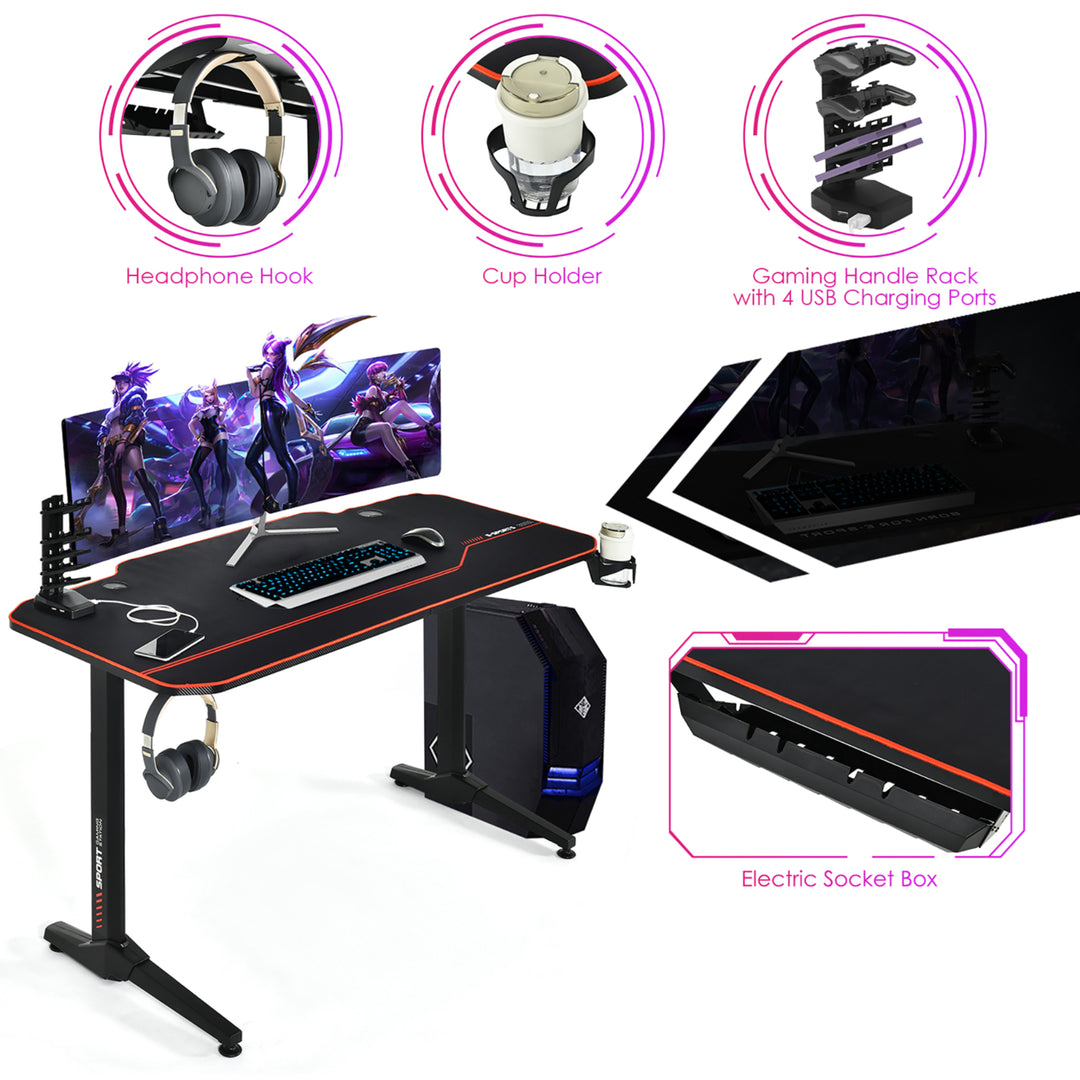 55 Gaming Desk T-Shaped Computer Desk w/Full Desk Mouse PadandGaming Handle Rack Cup HolderandHeadphone Hook Image 9