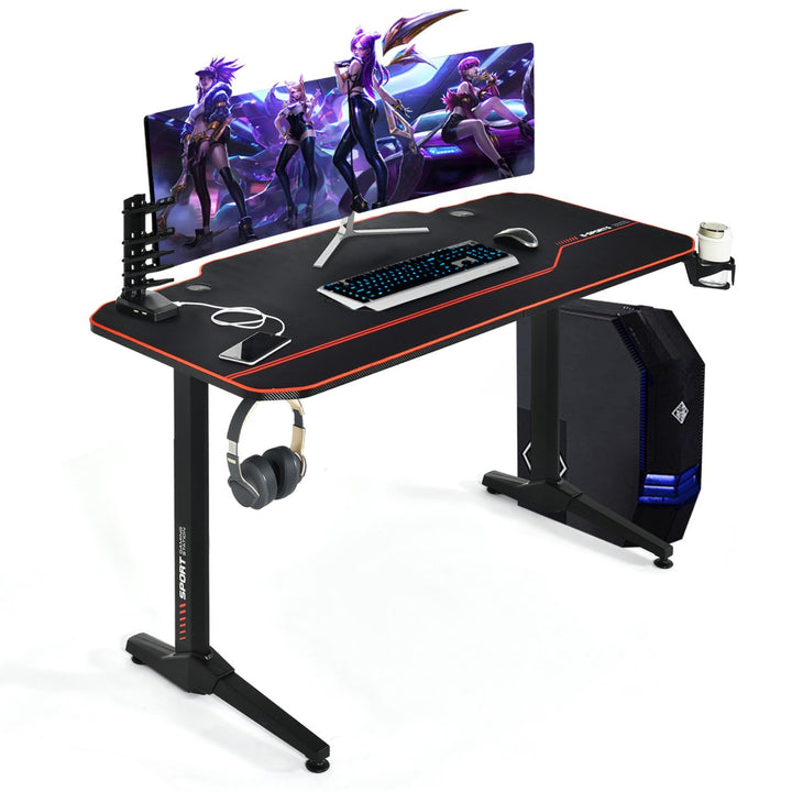 55 Gaming Desk T-Shaped Computer Desk w/Full Desk Mouse PadandGaming Handle Rack Cup HolderandHeadphone Hook Image 10