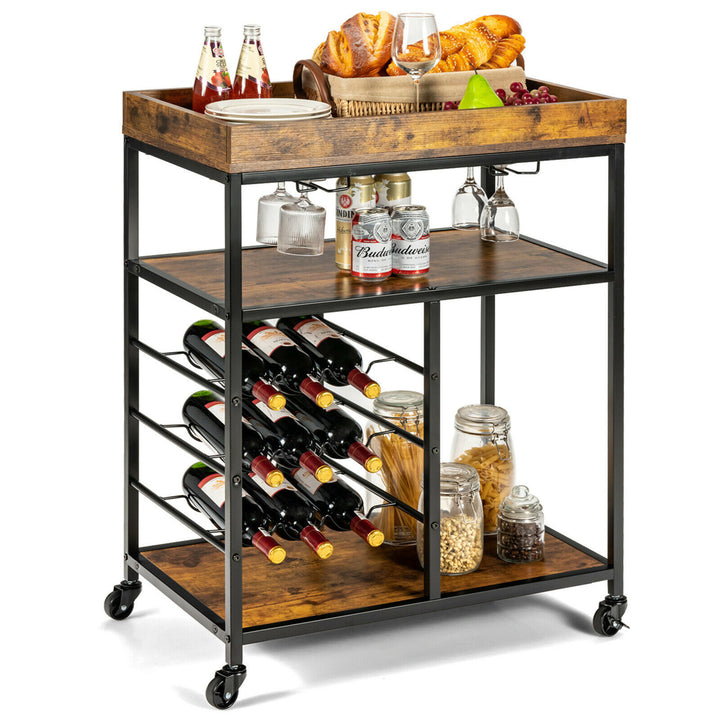 3-Tier Rolling Kitchen Serving Cart Utility Trolley w/ Wine Bottle Rack Image 1