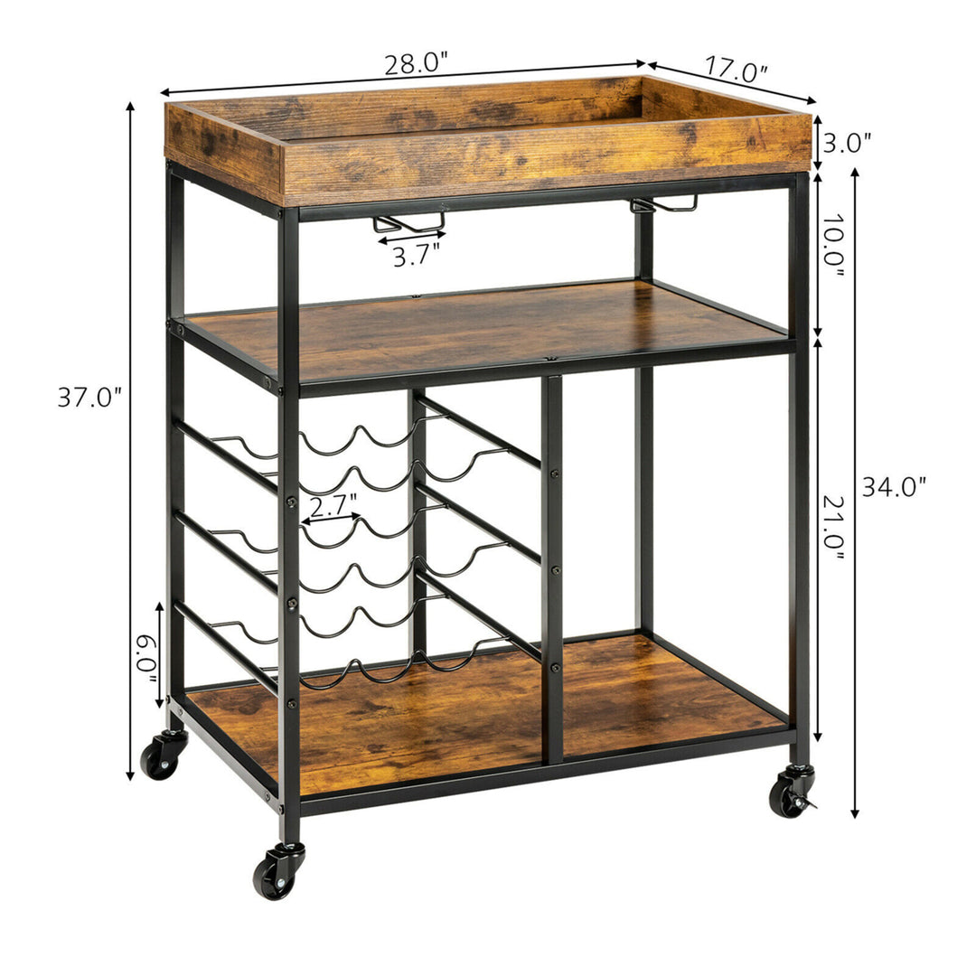 3-Tier Rolling Kitchen Serving Cart Utility Trolley w/ Wine Bottle Rack Image 2