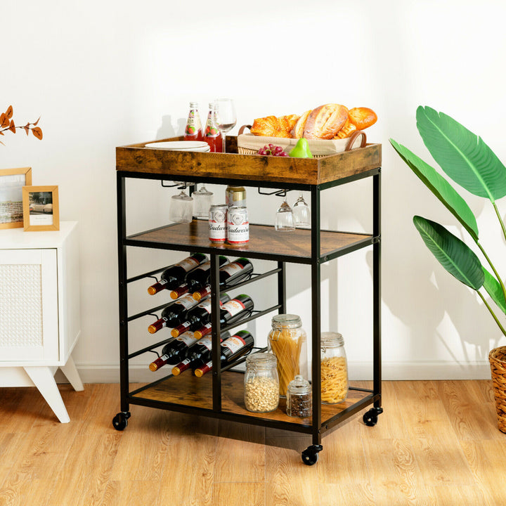 3-Tier Rolling Kitchen Serving Cart Utility Trolley w/ Wine Bottle Rack Image 3