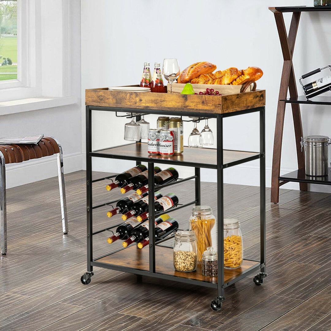 3-Tier Rolling Kitchen Serving Cart Utility Trolley w/ Wine Bottle Rack Image 4