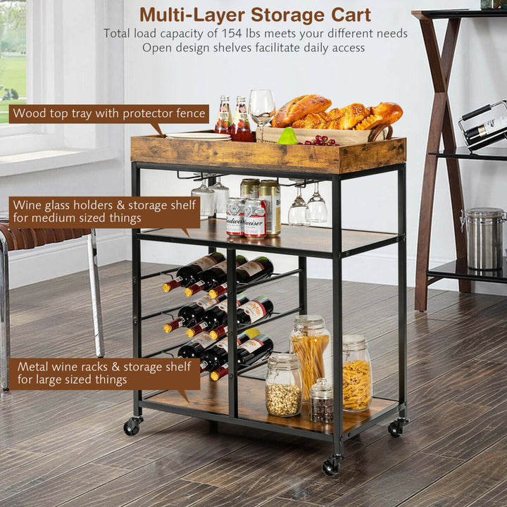 3-Tier Rolling Kitchen Serving Cart Utility Trolley w/ Wine Bottle Rack Image 6