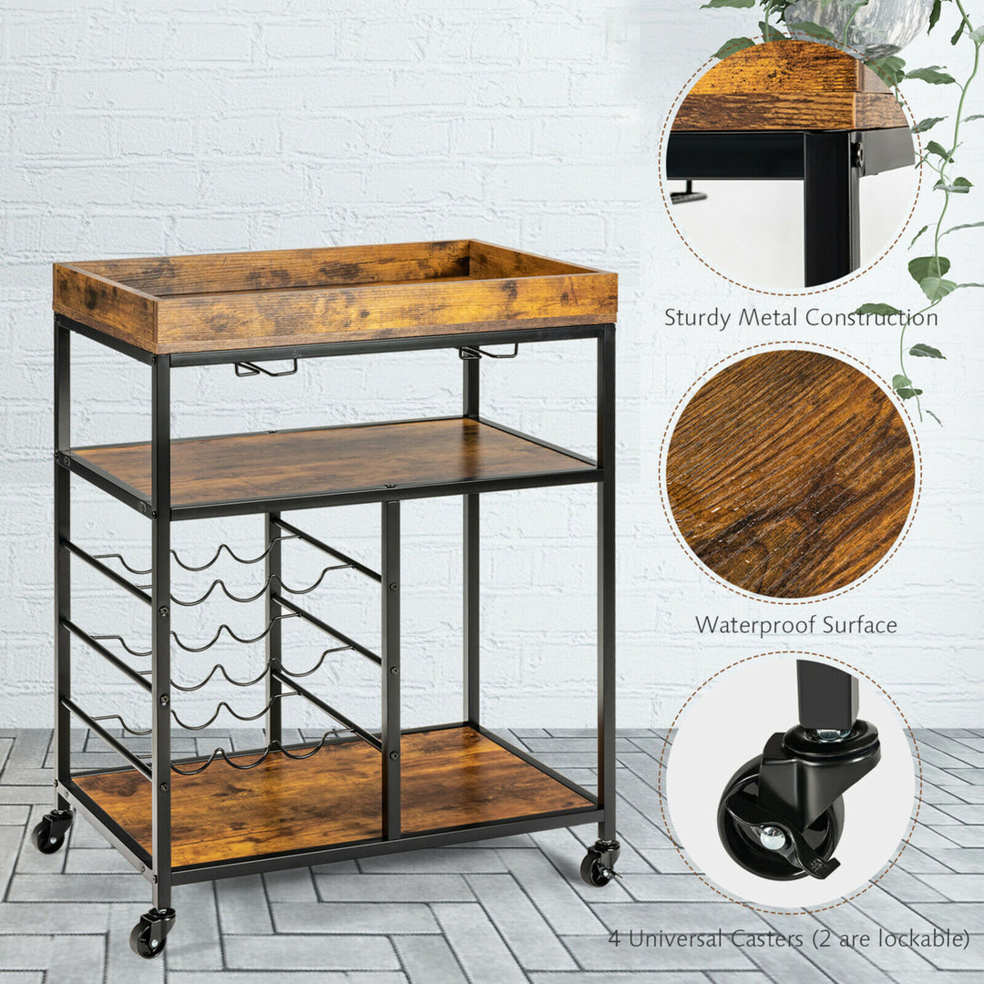 3-Tier Rolling Kitchen Serving Cart Utility Trolley w/ Wine Bottle Rack Image 9