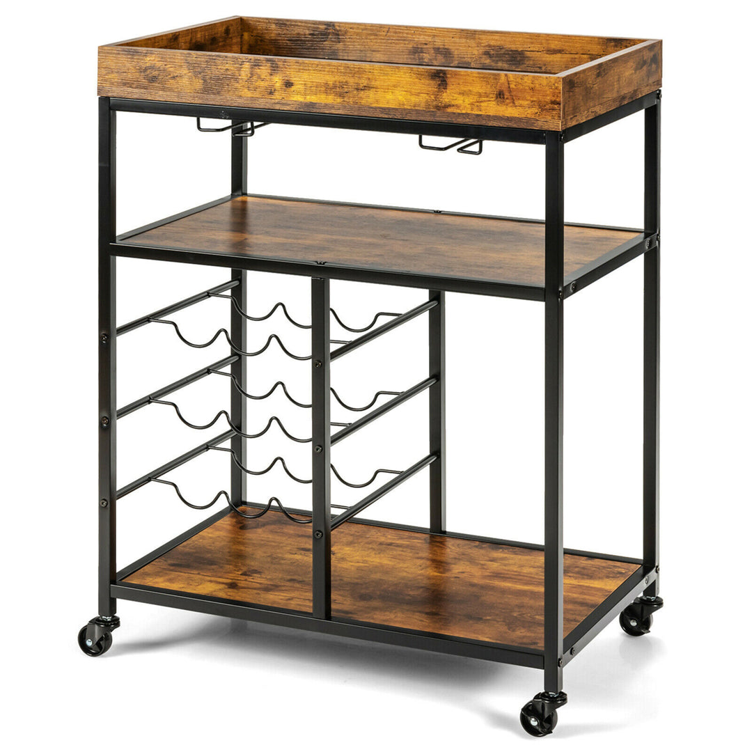 3-Tier Rolling Kitchen Serving Cart Utility Trolley w/ Wine Bottle Rack Image 10