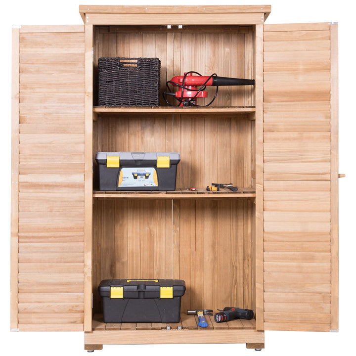 Outdoor 63 Tall Wooden Garden Storage Shed Fir Wood Shutter Design Lockers Image 3