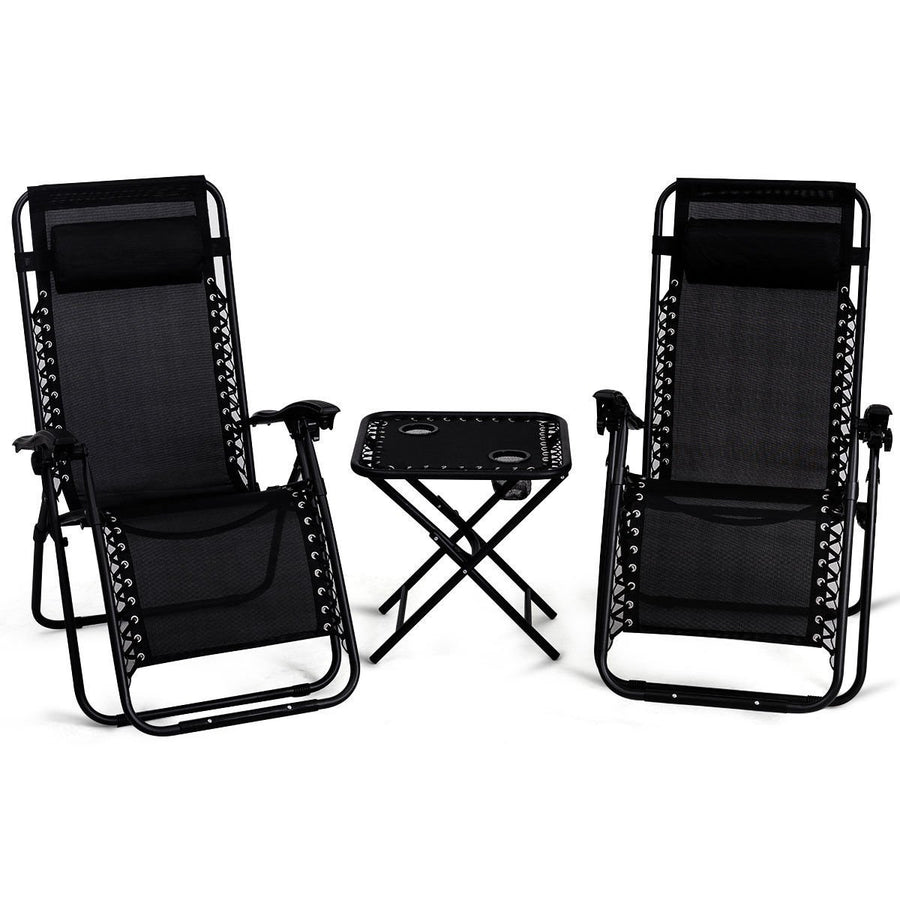 3PC Zero Gravity Reclining Lounge Chairs Table Pillows Folding Portable Black Image 1