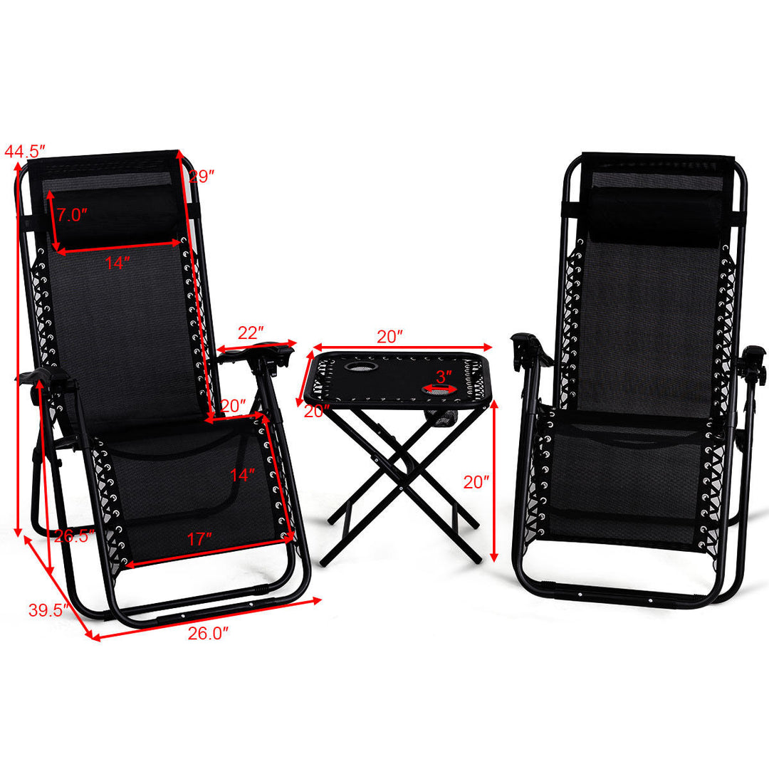 3PC Zero Gravity Reclining Lounge Chairs Table Pillows Folding Portable Black Image 2