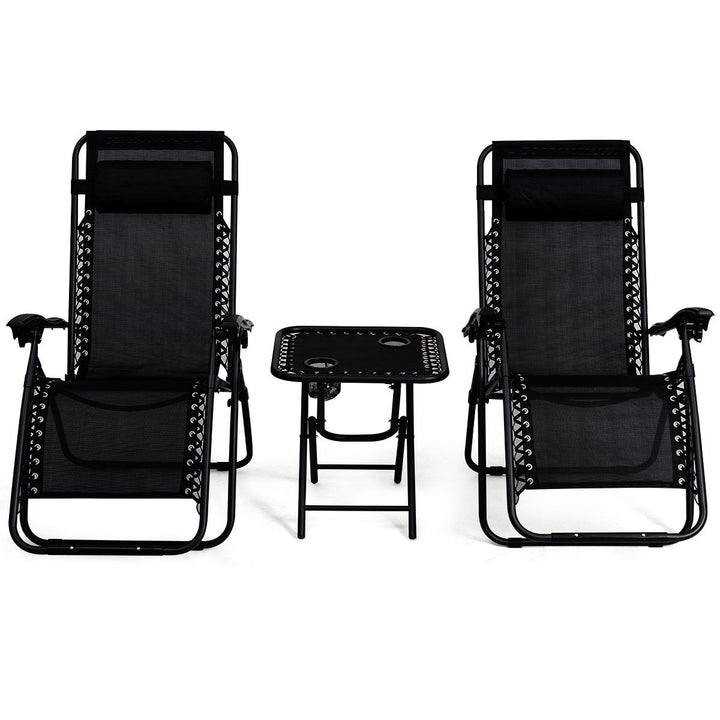 3PC Zero Gravity Reclining Lounge Chairs Table Pillows Folding Portable Black Image 5