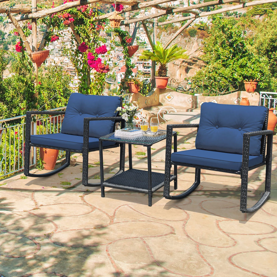 3PCS Rattan Rocking Chair Table Set Patio Furniture Set w/ Navy Cushions Image 1