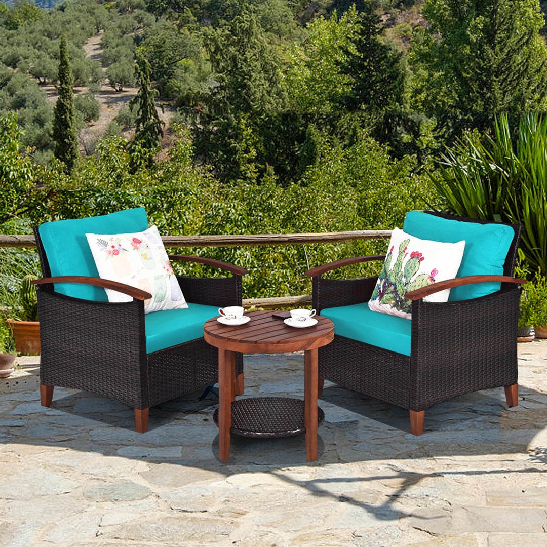 3PCS Patio Wicker Rattan Conversation Set Outdoor Furniture Set w/ Turquoise Cushion Image 1