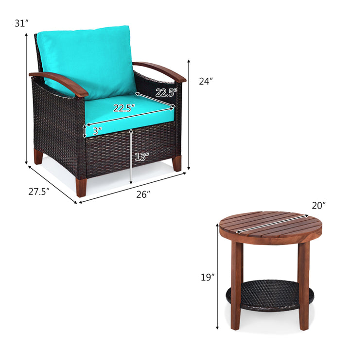 3PCS Patio Wicker Rattan Conversation Set Outdoor Furniture Set w/ Turquoise Cushion Image 3