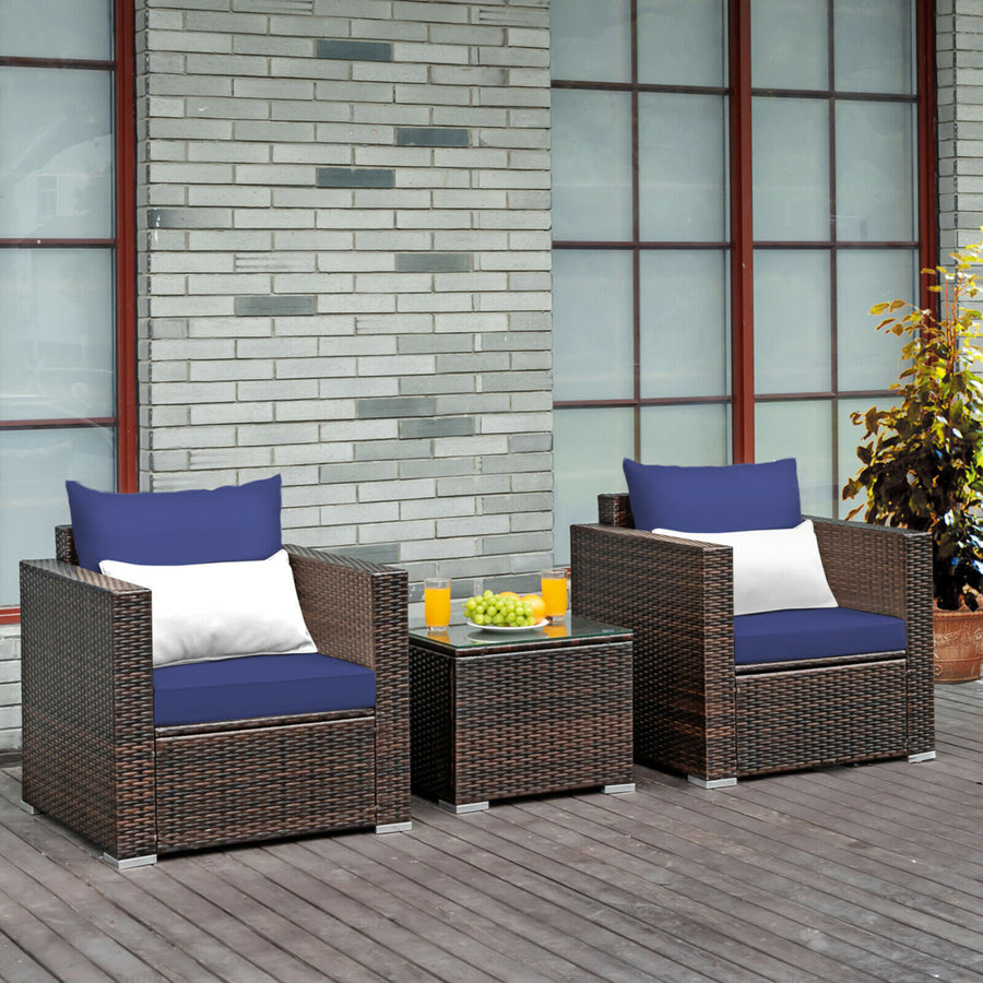 3PCS Rattan Patio Outdoor Conversation Furniture Set w/ Navy Cushions Image 1