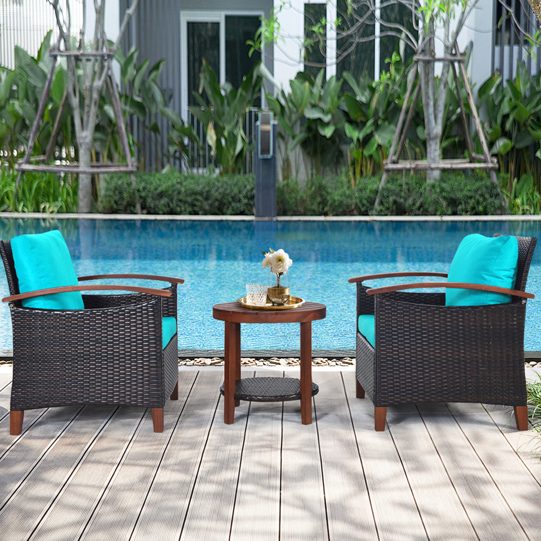 3PCS Patio Wicker Rattan Conversation Set Outdoor Furniture Set w/ Turquoise Cushion Image 9