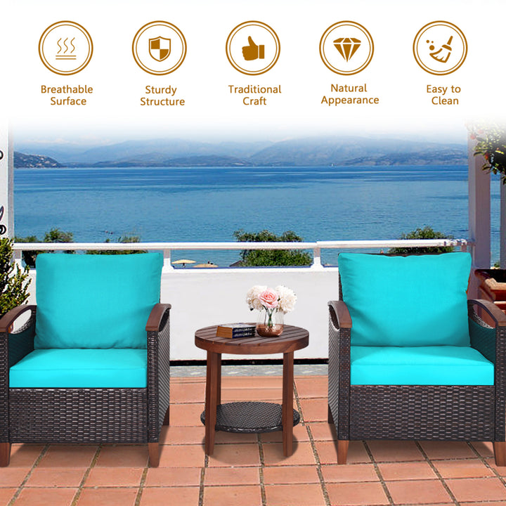 3PCS Patio Wicker Rattan Conversation Set Outdoor Furniture Set w/ Turquoise Cushion Image 4