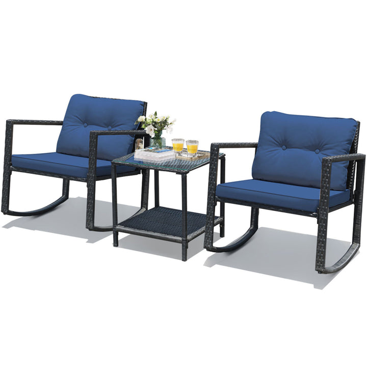 3PCS Rattan Rocking Chair Table Set Patio Furniture Set w/ Navy Cushions Image 9