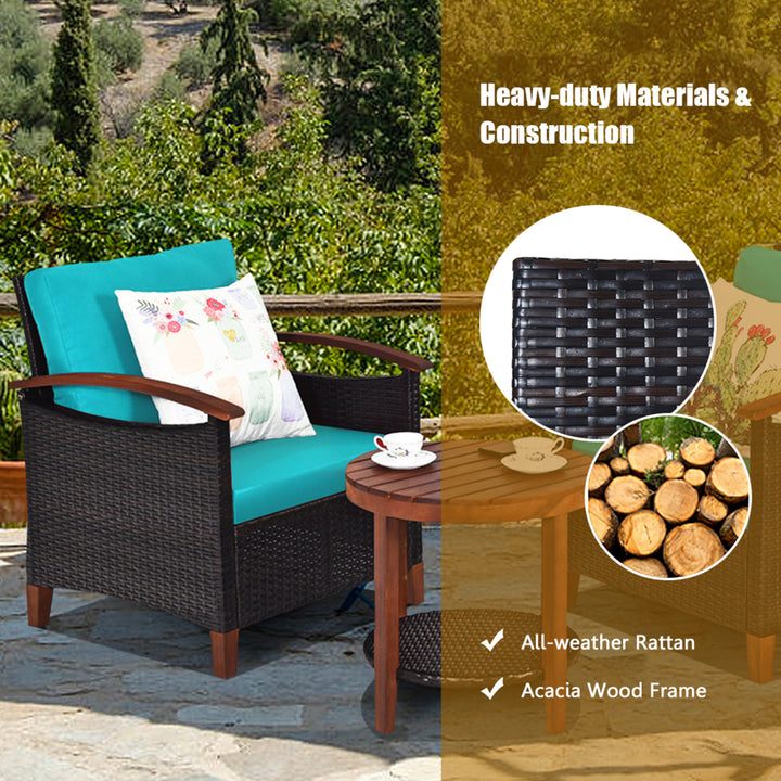 3PCS Patio Wicker Rattan Conversation Set Outdoor Furniture Set w/ Turquoise Cushion Image 5