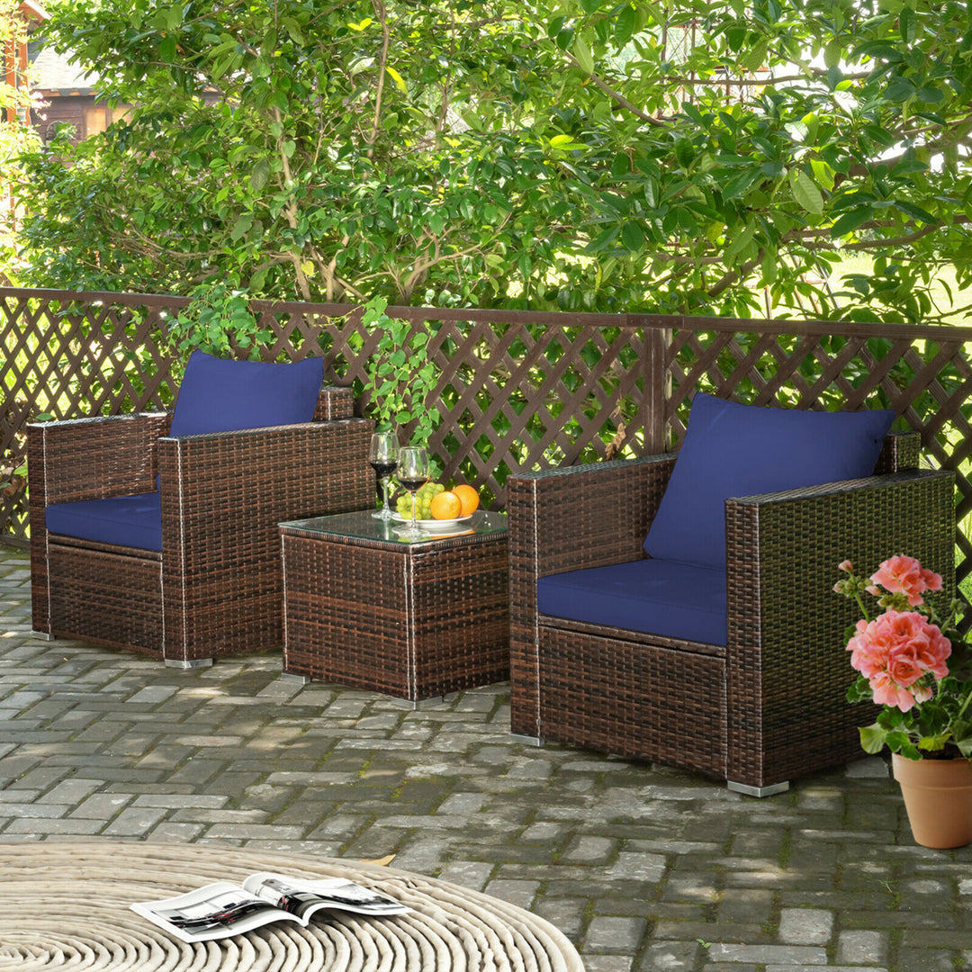 3PCS Rattan Patio Outdoor Conversation Furniture Set w/ Navy Cushions Image 4