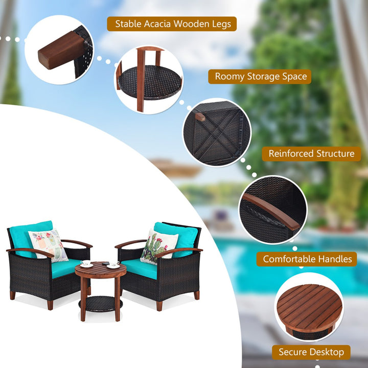 3PCS Patio Wicker Rattan Conversation Set Outdoor Furniture Set w/ Turquoise Cushion Image 7