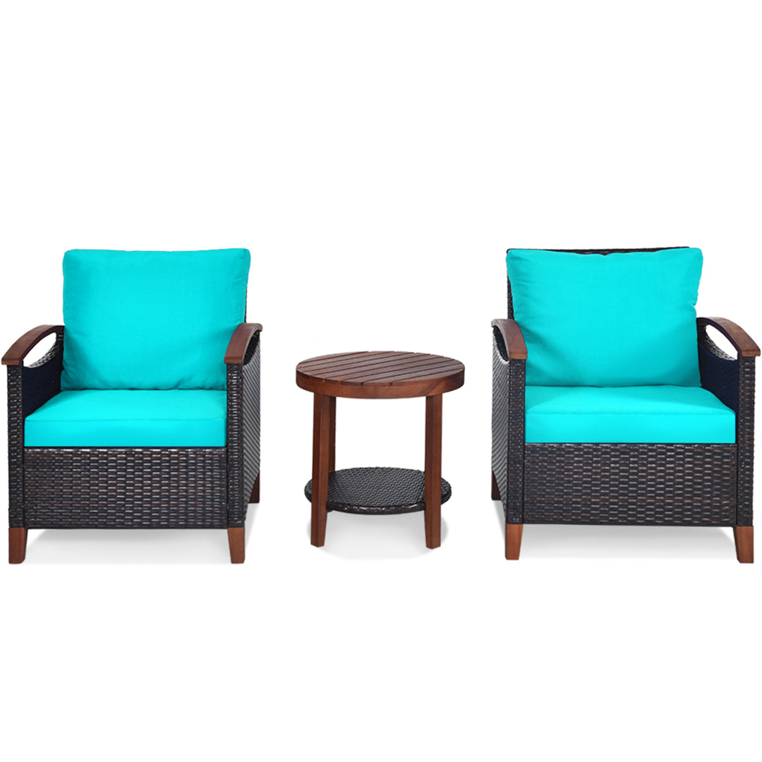 3PCS Patio Wicker Rattan Conversation Set Outdoor Furniture Set w/ Turquoise Cushion Image 8