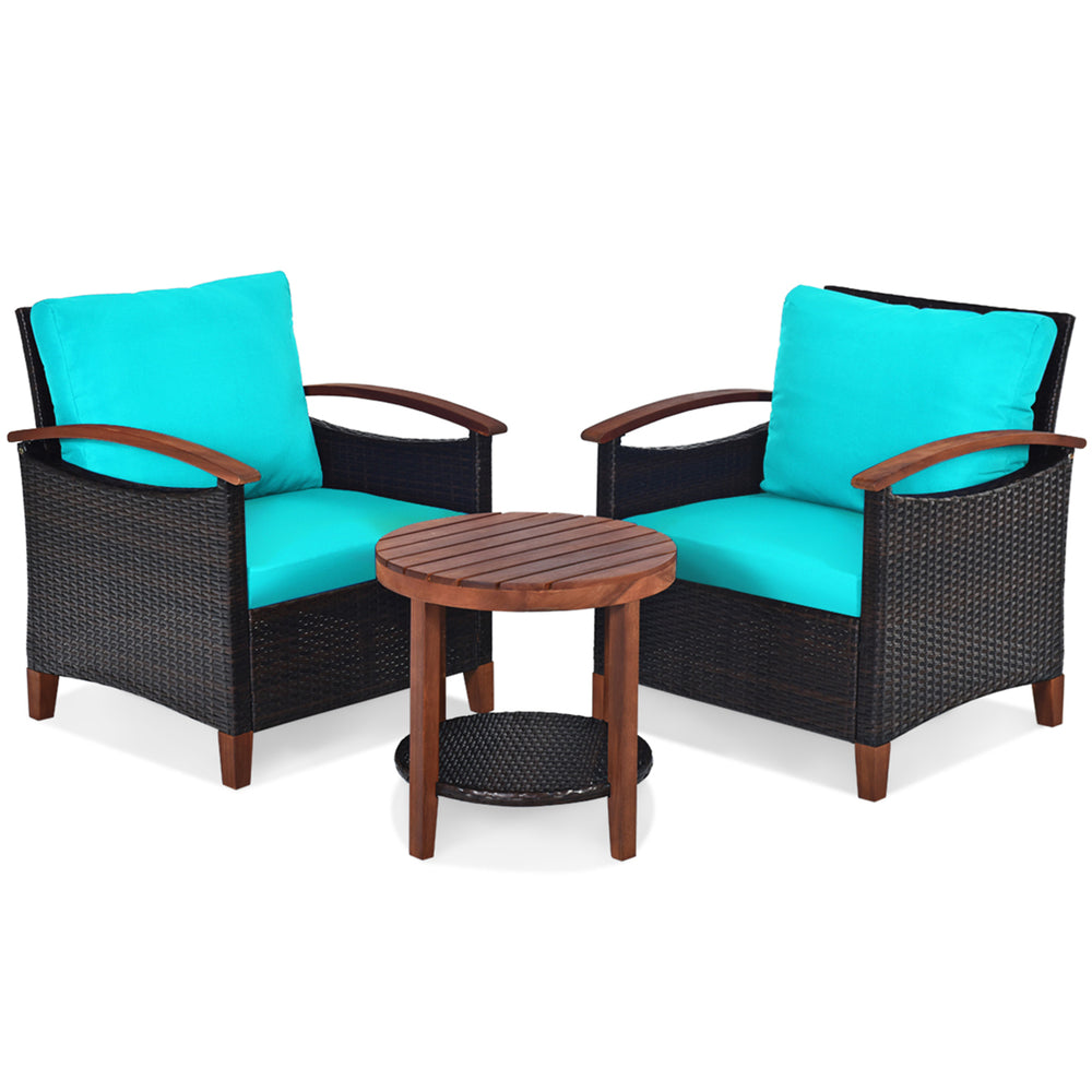 3PCS Patio Wicker Rattan Conversation Set Outdoor Furniture Set w/ Turquoise Cushion Image 2