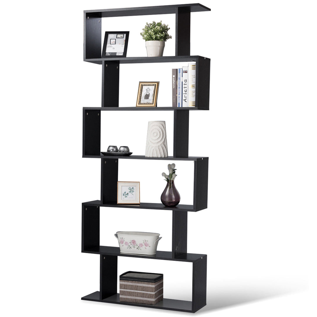 6 Tier S-Shaped Bookcase Z-Shelf Style Storage Display Modern Bookshelf Black Image 1