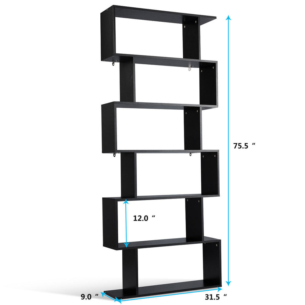 6 Tier S-Shaped Bookcase Z-Shelf Style Storage Display Modern Bookshelf Black Image 2