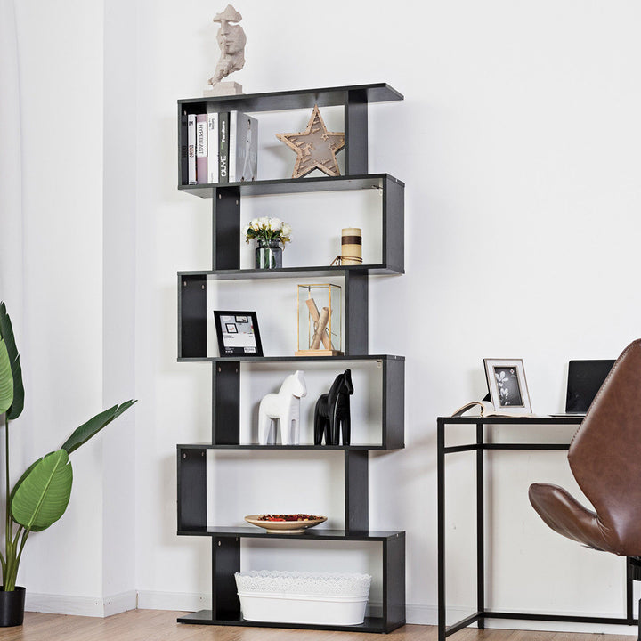 6 Tier S-Shaped Bookcase Z-Shelf Style Storage Display Modern Bookshelf Black Image 3