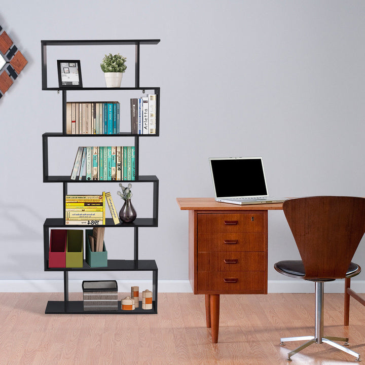 6 Tier S-Shaped Bookcase Z-Shelf Style Storage Display Modern Bookshelf Black Image 4