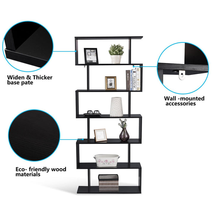 6 Tier S-Shaped Bookcase Z-Shelf Style Storage Display Modern Bookshelf Black Image 5